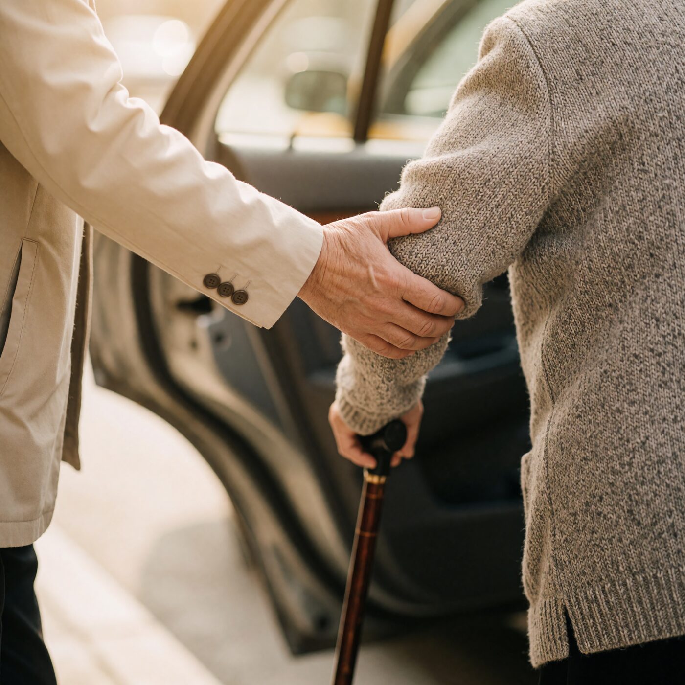 Chauffeur aidant une personne âgée avec sa canne à monter à bord du véhicule